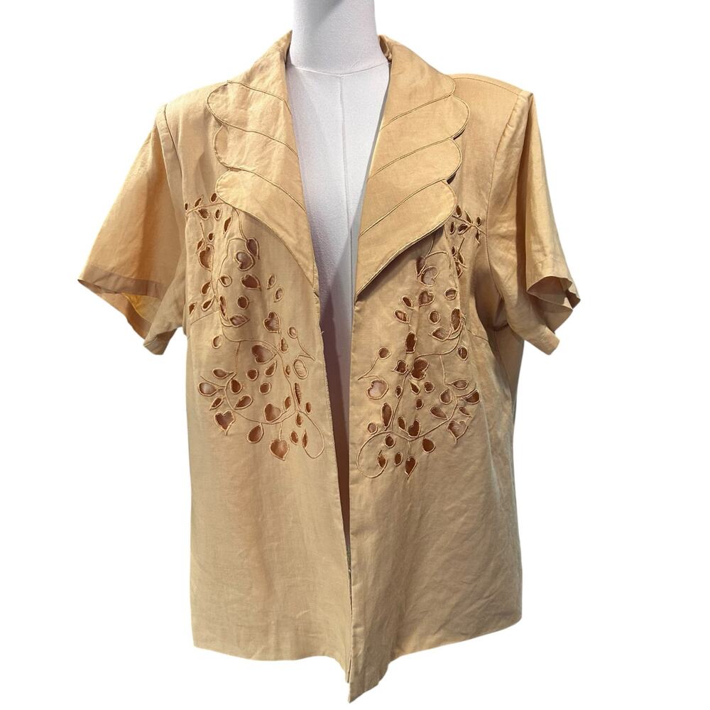 Lino USA 100% Linen VTG Open Top Boho Artsy Overlay Yellow Floral Punch Out 1X